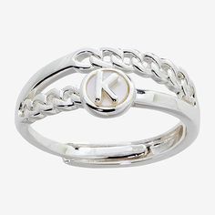 This ring is adjustable, fitting most sizes. It should fit sizes 5-10Ring Style: BandsFeatures: Personalized, Adjustable, Initials, In A Gift BoxShape: RoundStone: Mother of PearlStone Cut: RoundRing Size: 7Metal Color: Silver ToneMetal: 14k Gold Over BrassBand Width: 3mmCare: Polishing ClothStone Type: 1 Genuine Mother of PearlCountry of Origin: Imported Pure Silver, Type 1, Jewellery And Watches, Mother Of Pearl, Watch Bands, Band Rings, Initials, Ring Size, Gift Box