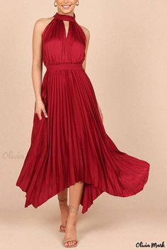 Olivia Mark - Sleeveless Halter Neck Irregular Hem Solid Color Dress Handkerchief Style, Irregular Skirt, Dress Sleeve Length, Elegant Midi Dresses, Long Beach Dress, Party Kleidung, Solid Color Dress, Halterneck Dress, Skirt Dress