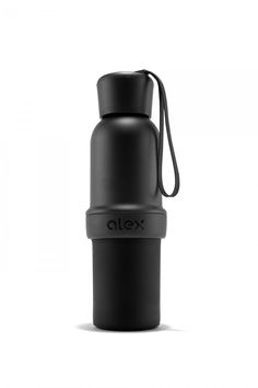 an image of a black water bottle with the lid open and strap around it's neck