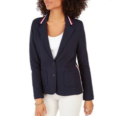 Tommy Hilfiger Women's French Terry Blazer Navy Nwot Nwot - New Without Tags, Never Worn Style: J9ke0334 - 2 Buttons - 2 Front Patch Pockets - Side Stripes And Collar In Signature Tommy Hilfiger Colors - 95% Cotton, 5% Elastane Measurements (Measured Flat) Medium Pit To Pit: 20" Length: 24" Sleeve Length: 24" Large Pit To Pit: 21.5" Length: 24" Sleeve Length: 24.5" Tommy Hilfiger Spring Workwear Blazer, Tommy Hilfiger Spring Blazer For Work, Tommy Hilfiger Casual Fall Blazer, Spring Navy Cotton Blazer, Navy Cotton Blazer For Spring, Tommy Hilfiger Casual Blazer For Work, Casual Tommy Hilfiger Blazer For Work, Preppy Cotton Outerwear For Work, Preppy Cotton Blazer For Workwear