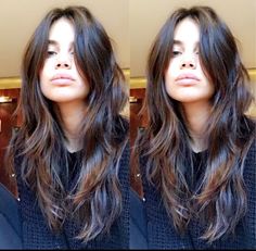 Butterfly Haircut Long Hair Unstyled, Long Shag Haircut Brunettes, Stylish Long Haircut, Shaggy With Bangs Mid Length, Long Hair With Middle Part, Brunette Hair Color Fair Skin, Edgy Long Haircut Straight, Womens Long Haircut Layers Round Faces, Long Layers Shag Haircut