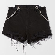 Nwt. Bershka Black High-Waist Denim Shorts With Chain And Cut-Out Detail, A Five-Pocket Design, Frayed Hems, Front Ripped Details, Zipper And Metal Top Button Closure. Size 00. Ref. 2566/534. Waist 11,5" Flat, Rise 11", Inseam 2,5". C. Edgy High Waist Jean Shorts With Belt Loops, Edgy Short Jeans, Edgy Cutoff Jean Shorts With Belt Loops, Edgy Jean Shorts With Belt Loops, High Waist Jean Shorts For Streetwear With Belt Loops, High-waisted Jean Shorts For Streetwear, Edgy High Waist Shorts With Belt Loops, Edgy Cutoff Bottoms For Streetwear, Edgy Cutoff Streetwear Bottoms