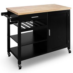 a black kitchen island with butcher block top on casteors and wheels is shown in front of a white background