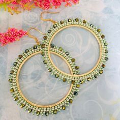 Statement Crystal Hoop Earrings Extra Large Unique Beaded Jewelry - Etsy Beaded Tutorials, Unique Beaded Jewelry, Beaded Patterns, Crystal Hoop Earrings, Gold And Green, Beaded Hoop Earrings, Beaded Hoops, Stunning Earrings, Beading Tutorials