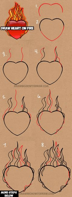 how to draw hearts on fire step by step