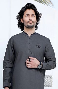 Premium Blended Fabric  Color Charcoal Grey  Italian Thread  Patch work Metal Buttons Finest Stitch Branded Design Custom Sizes are also available. Man Dress Design, Gents Kurta Design, Gents Kurta, Indian Men, Mens Kurta Designs, Boys Kurta, Kurta Style, Kurta Pyjama, Indian Man