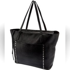 Beautiful Rebecca Minkoff Black Pebbled Leather Tote, Unlined, Stud Lined Front Pocket, With A Zip-Top. This Spacious Tote Includes An Interior Wall Pocket That Is Just Right For Sunglasses Or Your Cellphone. Tote Would Make A Perfect Work Bag Or A Great Travel Bag. New With Tags. Includes Rebecca Minkoff Dust Bag, Extra Zipper Cord, And Care Card. Indent On Front Pocket, See Photo For Details. Description: Top Zip Closure Studded Accents & Single Exterior Pocket Dual Shoulder Straps Suede Linin Black Leather Bag With Silver-tone Hardware, Leather Shoulder Bag With Silver-tone Hardware For Errands, Daily Use Faux Leather Bags With Silver-tone Hardware, Black Textured Leather Tote Satchel, Chic Shoulder Bag With Leather Backing For Shopping, Black Textured Leather Shoulder Bag For Office, Chic Leather-backed Shoulder Bag For Shopping, Black Textured Leather Bag For Daily Use, Black Office Bags With Silver-tone Hardware