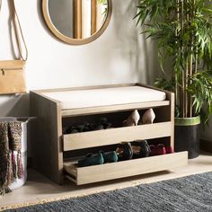 there is a shoe rack with shoes on it next to a mirror and potted plant