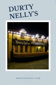 the front cover of a restaurant called dutyy neil's at night with lights on