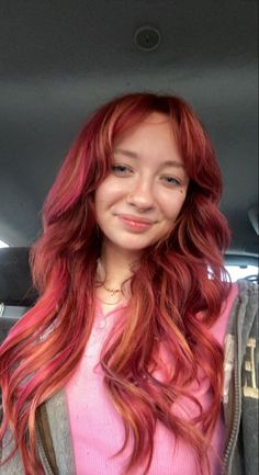 Copper Red Hair With Pink Highlights, Red Hair With Lighter Red Highlights, Pink And Red Hair Highlights, Orange With Pink Highlights, Copper With Pink Highlights, Pink In Red Hair, Pink Highlights In Auburn Hair, Red Hair With Pink Streaks, Pink Hair With Red Highlights