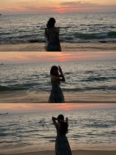 a woman standing on top of a sandy beach next to the ocean at sunset with her hands in her hair