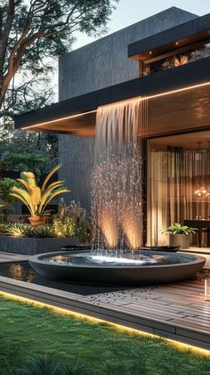 a modern house with a fountain in the front yard