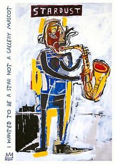 a painting of a man with a saxophone in his hand and the words stardust written on it