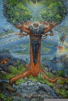 a painting of a man standing on top of a tree