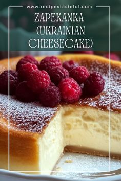 a piece of cake with raspberries on top and the words zapekanka ukraine cheesecake