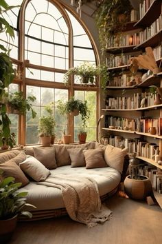 a living room filled with lots of plants and bookshelves next to a window