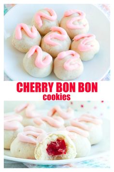 cherry bon bon cookies on a white plate with pink frosting and the words cherry bon bon