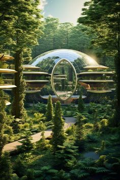 an artistic rendering of a futuristic city surrounded by trees