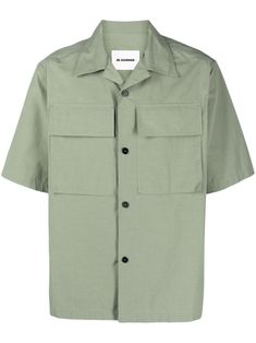 sage green cotton logo patch to the rear camp collar short sleeves front button fastening two chest flap pockets straight hem Green Overshirt, Cotton Logo, Jil Sander, Green Cotton, Sanders, Sleeve Cotton, Sage Green, Patch Logo, Cotton Shirt