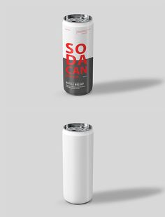 a can of soda sitting on top of a white table next to an empty can