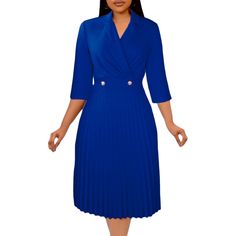 Blue Pleated Turndown Collar 3/4 Sleeve Midi Dress Blue Midi Dress With 3/4 Sleeves For Work, Pleated 3/4 Sleeve Dresses For Workwear, Pleated Workwear Dress With 3/4 Sleeve, Pleated Dress With 3/4 Sleeve For Work, Blue 3/4 Length Dresses For Work, Blue 3/4 Length Dress For Work, Blue Half Sleeve Dress For Office, Blue Half Sleeve Office Dress, Spring Office Midi Dress 3/4 Length