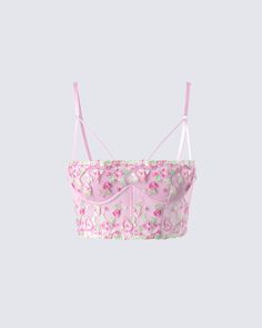 A floral corset will always give off the sweetest vibes - use it to your advantage 😊 Have them swooning left and right with this pink strappy top made from a lace fabric, and complete with underwire and corset detailing 💕 Flower Corset Top, Flower Corset, Fuzzy Skirt, White Corset Dress, Floral Lace Skirt, Olivia Pink, Lace Bra Top, Cute Pjs, Red Mini Skirt