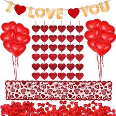 valentine's day decorations with red balloons and hearts