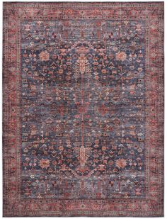 an antique rug with blue and red colors