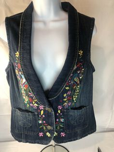 cato Blue Denim jacket vest intense embroidery ,women Size M. Jean Vest Embroidery, Vest Embroidery, Jeans Patches, Dress Embroidery, Jean Vest, Jacket Vest, Patched Jeans, Blue Denim Jacket, Sleeveless Jacket