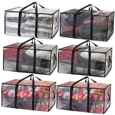 six clear storage bags with different designs on them