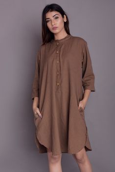 "Apple cut Shirt dress for Women, Long Shirt for Women, Indian Kurta, Linen Washed Soft Shirt - Custom made by Modernmoveboutique >DESCRIPTION< - loose and roomy. - apple cut - 3/4th sleeve - made from Linen blend. The fabric is of medium weight (185 g). - the model is 172 cm high (regular XS - S) and is wearing size S. - color in the picture - KHAKI (Please choose any other color on the right). >COLOR< NOTE - The shirt is available in 25 colors. - We found out the fabric to be rathe Casual Brown Cotton Shirt Dress, Brown Buttoned Shirt For Daywear, Brown Shirt With Buttons For Daywear, Casual Long Sleeve Brown Kurta, Casual Brown Long Sleeve Kurta, Long Shirts For Women Pakistani, Long Shirts For Women, Hijabi Summer Outfits, Apple Cut