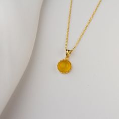 "Modern and elegant 14K gold gemstone necklace for everyday wear. Great for stacking with other pendants to express yourself even better.  Wonderful and unique gift idea to show your love to important people in your life with a cute and dainty gift. This necklace makes a perfect gift for mothers, friends or yourself. Also a special anniversary gift for significant others. ♥ All our jewelry is custom made with Love and Care in our workshop.  ✿Unless \"Solid Gold\" option is specifically chosen fr Gold Round Dainty Crystal Necklace, Dainty Gold Crystal Necklace, 14k Gold Amber Round Necklace, Gold Dainty Round Crystal Necklace, Dainty Gold Round Crystal Necklace, Gold Round Crystal Necklace For Everyday, 14k Gold Amber Necklace For Gift, Gold Crystal Necklace For Everyday, Yellow Minimalist Birthstone Jewelry