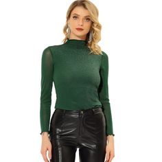 This blouse features a mesh liner, adding a feminine and romantic touch to your outfit. It's perfect for both casual and dressy occasions. Made with soft fabric, this top ensures all-day comfort without compromising on style. Whether you're going for a relaxed brunch or a night out, this top ensures a fashionable and comfortable look. Style with jeans or a mini skirt and heels will give you a shiny charming look. Fabric Weaving, Turtleneck Long Sleeve, Sheer Shirt, Puff Long Sleeves, Mesh Long Sleeve, Womens Tie, Mock Turtleneck, Sleeveless Crop Top, Hem Style