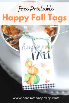 a happy fall tag hanging from a bowl filled with treats