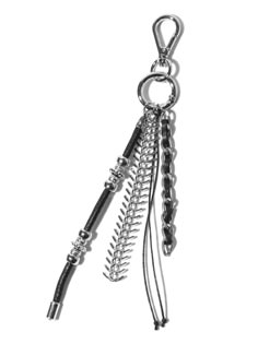 a keychain with a chain attached to it's side and a metal hook hanging from the front