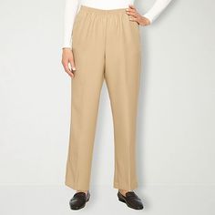 Alfred Dunner is known for their modern tailoring and style, and this pair of women's pants stay true to the brand's heritage. Made from a soft woven fabric in a relaxed-fit with straight legs, they have a comfortable elastic-waistband, a pleated front, and side pockets. Wear with a button-down or t-shirt and flat shoes.Front Style: Flat FrontFeatures: EssentialsClosure Type: Full ElasticFit: Relaxed FitPockets: 2 Side Slip PocketsRise: Mid RiseFiber Content: 100% PolyesterFabric Description: Wo Classic Pull-on Tapered Leg Dress Pants, Classic Pull-on Style Dress Pants For Work, Classic Pull-on Dress Pants For Work, Classic Pull-on Pants For Fall, Classic Fall Pull-on Pants, Classic Pull-on Style Bottoms For Fall, Elegant Pull-on Pants For Daywear, Classic Relaxed Fit Bottoms For Daywear, Classic Stretch Dress Pants With Elastic Waistband