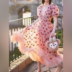 Style Sweet Sleeve Length Short Sleeve Neckline V-Neck Fabric Tulle Pattern Printed Occasion Birthday Season Fall Group Adults Gender Women Weight 0.35kg Strawberry Skirt, Sanrio Outfits, Dinner Party Dress, Puff Sleeve Maxi Dress, Wild Outfits, Holiday Maxi Dress, Max Dress, Strawberry Dress, A Line Maxi Dress