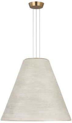 a white and gold pendant light hanging from a ceiling fixture with a beige shade on it