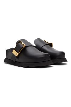 Black Buckle Mules by Proenza Schouler on Sale Luxury Slip-on Loafers With Buckle Closure, Calf Leather Slip-on Loafers With Buckle Closure, Leather Square Toe Loafers With Buckle Closure, Leather Loafers With Buckle Closure And Square Toe, Leather Loafers With Tang Buckle For Work, Formal Leather Mules With Tang Buckle, Modern Mules With Tang Buckle And Round Toe, Leather Mules With Buckle Closure For Work, Leather Slip-ons With Buckle Closure