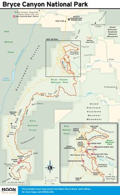 a map of the bryce canyon national park, with several locations marked in red