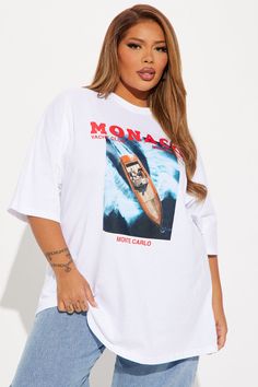 Available In White. Tshirt Crew Neck Short Sleeve Front Screen Oversized Stretch Disclaimer: Due To The Screen Printing Process A Difference In Saturation May Occur. Each Garment Is Unique. 100% Cotton Imported | Monaco Yacht Club Oversized Tee Shirt in White size Medium by Fashion Nova Oversized Logo Print Tops For Summer, White Oversized Tops With Letter Print, Oversized Tops With Letter Print, Oversized White Shirt With Text Print, Oversized Graphic Tee With Logo Print, Oversized Logo Print Crew Neck Shirt, Oversized Crew Neck Shirt With Logo Print, Oversized Logo Print Crew Neck Top, Oversized Crew Neck Tops With Logo Print