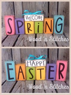 two wooden blocks that say welcome spring and happy easter