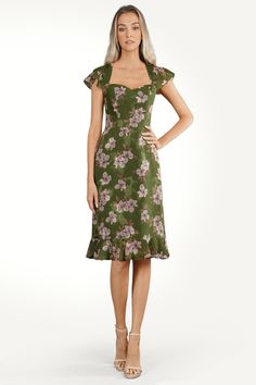 Whether it's a day party event or an evening affair, our Katie Midi Dress will ensure you stand out with effortless style. This dress features a romantic sweetheart neckline, flattering ruffle sleeves, and a keyhole open back for an elegant hint of skin. Fitted Cocktail Dresses With Gathered Neckline, Spring Dress With Fitted Bodice And Flutter Sleeves, Fitted Midi Dress With Sweetheart Neckline For Garden Party, Elegant Midi Dress With Ruffle Hem And Sweetheart Neckline, Fitted Dress With Gathered Neckline, Fitted Dress With Ruched Bodice For Garden Party, Summer Midi Dress With Ruffle Hem And Sweetheart Neckline, Ruched Flutter Sleeve Dress For Garden Party, Flutter Sleeve Ruched Dress For Garden Party