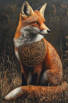 a painting of a red fox with a celtic knot around its neck sitting in tall grass