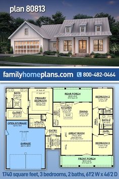 two story house plan with 3 bedroom and 2 bathrooms in the front, an open floor plan