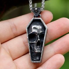 Stainless Steel Men's Necklace Gothic Coffin Skull Amulet Punk Vintage Jewelry Edgy Halloween Streetwear Necklaces, Edgy Halloween Streetwear Necklace, Alternative Necklaces For Halloween Gifts, Alternative Halloween Gift Necklaces, Skull Print Gothic Jewelry For Streetwear, Emo Streetwear Jewelry For Halloween, Halloween Skull Print Jewelry For Streetwear, Halloween Skull Print Jewelry, Gothic Jewelry For Halloween