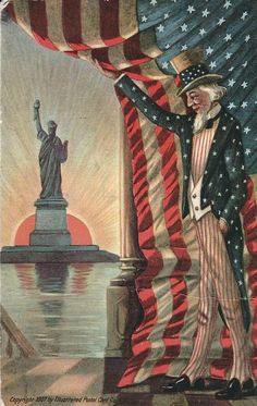 an illustration of a man standing next to the statue of liberty with his arms in the air