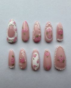 Rose Design Nails, Simple Kawaii Nails, Rococo Nails, Libra Nails, Romantic Nail Art, Cottagecore Nails, Frame Nails, Coquette Nails