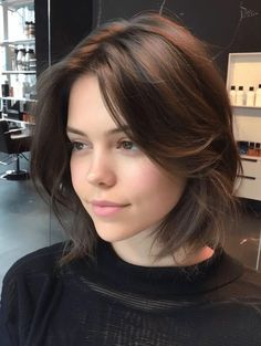 Layered Bob Hairstyles With Curtain Bangs, One Length Bob Fine Hair, Lop Bob Haircuts, Layered Bob Highlights, Short Haircut No Styling, Layered Bob Chin Length, Layered Angled Bob With Bangs, Short Haircuts For Women Plus Size, Short Layered Bob Curtain Bangs