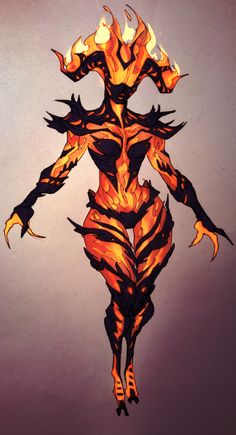 a drawing of a woman with flames on her body and arms, standing in front of a gray background